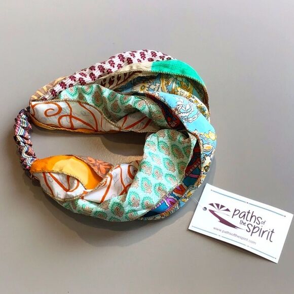 Paths of the Spirit Multicolored Multi Print Ribboned Sari Strip Headband NEW - Picture 3 of 7